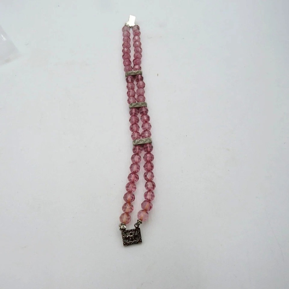 Pink Faceted Lucite Bead Double Strand Bracelet Box Clasp Fashion Jewelry - Picture 6 of 10